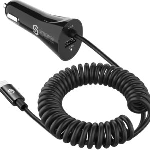 Adaptador de carga de coche de 4.8 A/24 W con cable Lightning en espiral integrado para Apple iPhone