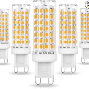 Bombillas LED G9 sin parpadeo regulables de 6 W, blanco cálido suave, 2700 K, 40 W, 50 W, 60 W.