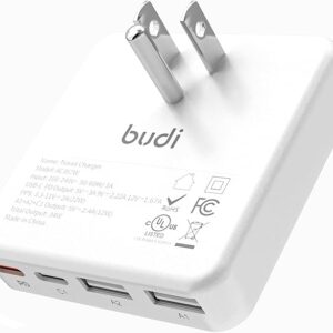 BUDI Cargador de pared USB C plano de 34 W, cargador de pared USB delgado de 4 puertos.