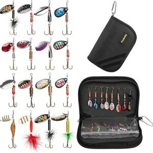 PLUSINNO Señuelos de pesca para lubina, kit de 16 señuelos giratorios con bolsa de transporte.