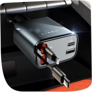 LISEN - Cargador retráctil para automóvil, adaptador de cargador de automóvil USB.