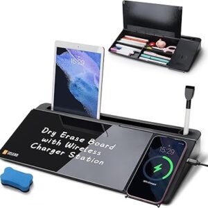 SELEAD Pizarra blanca de cristal de escritorio con estación de carga inalámbrica.