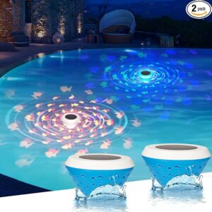 Luces solares flotantes para piscina con patrón de pez, luces de piscina que cambian de color RGB.