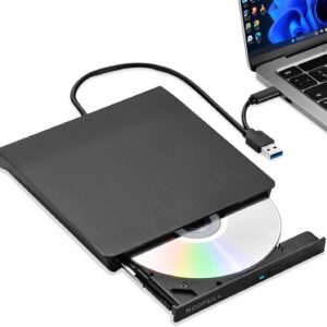 ROOFULL Unidad externa de CD DVD para PC portátil Windows 11/10/7, CD DVD ROM COLOR BLANCO