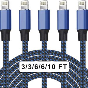 WACAUR, 5 paquetes (3/3/6/6/10 pies) Nailon trenzado cargador para iPhone (negro).