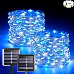 JMEXSUSS - Paquete de 2 guirnaldas de 100 luces blancas y azules LED solares, para exteriores.