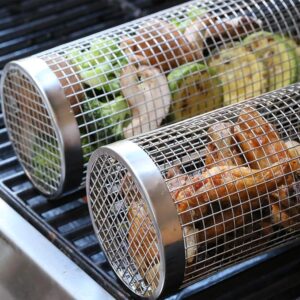 2 cestas enrollables para parrilla, cesta de malla de acero inoxidable.