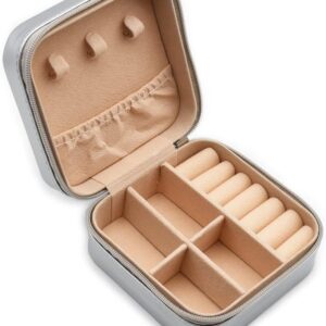 Mini estuche de viaje para joyería, caja organizadora de joyas de viaje de piel (plateado).