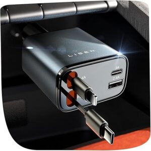 LISEN - Cargador retráctil para automóvil, adaptador de cargador de automóvil USB C de 69 W