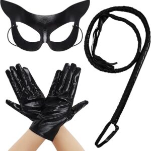 Máscara de oreja de gato negro para mujer, guante de cuero con látigo negro, accesorios de disfraz.