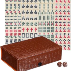 BESTOYARD Mini juego de mahjong de viaje portátil con 146 azulejos marrón estuche.