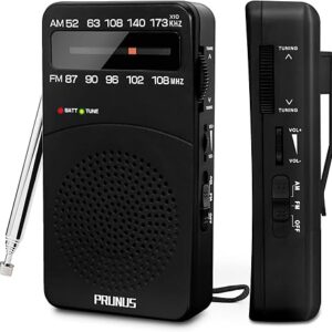 PRUNUS J-166 Radio portátil AM FM, radio a pilas con luz de sintonización, clip trasero