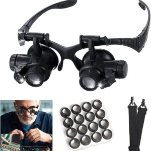 Lupa de montaje en cabeza con luz LED, lupa Jewelers con 8 lentes intercambiables