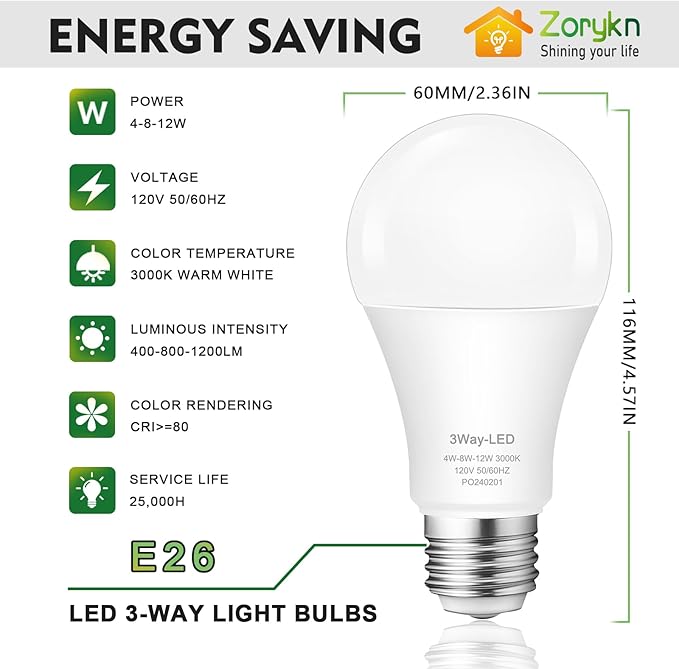 Bombillas de 3 vías 30 70 100 blanco cálido, A19 3000K, 4/8/12 W ahorro de energía - Imagen 4