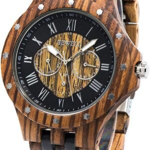 Bewell Wood Watches for Men Quartz Sub-Dial Date Display Luminous Hands W116C Zebra Wood and Ebony