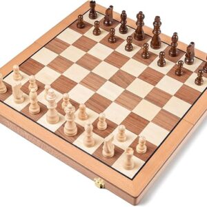 AMEROUS Juego de ajedrez de madera magnética, 15 pulgadas, hecho a mano, plegable, juego de mesa