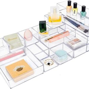 Juego organizador de cajones de acrílico apilable, 18 cubos de almacenamiento de varios tamaños