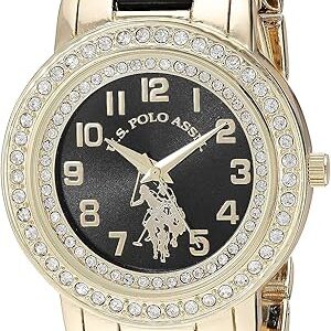 U.S. Polo Assn. Reloj dorado para mujer con esfera negra y bisel de cristal, pulsera de eslabones