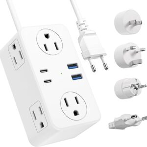 Adaptador de enchufe de viaje europeo, UE/Reino Unido/EE. UU., 6 salidas de CA, 4 puertos USB