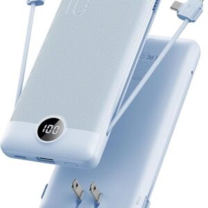 VRURC Cargador portátil con cables integrados y enchufe de pared de CA, banco de alimentación USB C