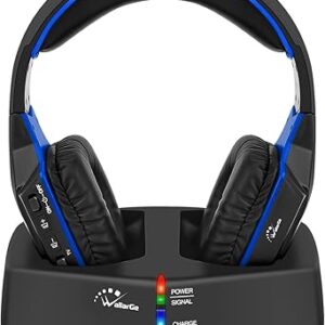 WallarGe - Auriculares inalámbricos RF HP003, Negro con Azul, para TV, 20 horas de batería