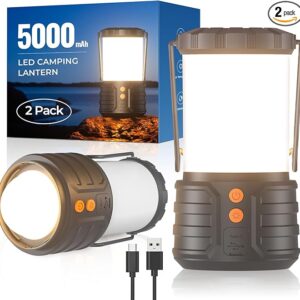 Paquete de 2 linternas de campamento, batería recargable de 5000 mAh, 3 colores