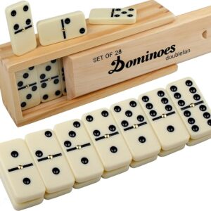 Juego de dominó doble de 6 estándar con caja de madera natural, 28 azulejos, juego de mesa