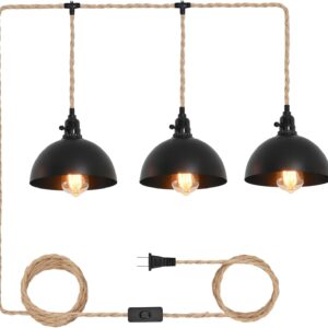 Lámpara Colgante de 3 Luces de Cuerda de Cáñamo con Enchufe, Luces Colgantes de Ratán con Cable
