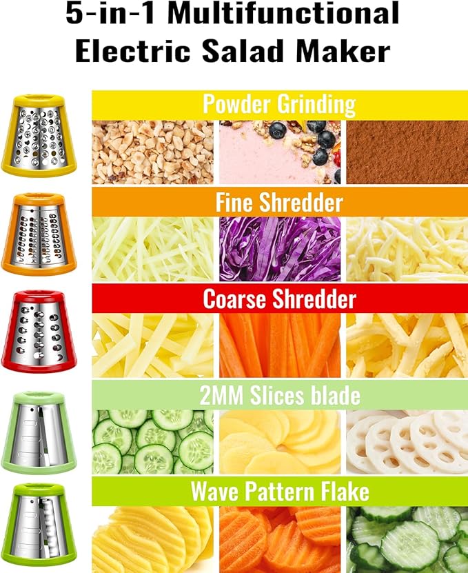 Rallador de queso eléctrico para ensaladas, cortador eléctrico 5 en 1 para cocina casera, control - Imagen 6