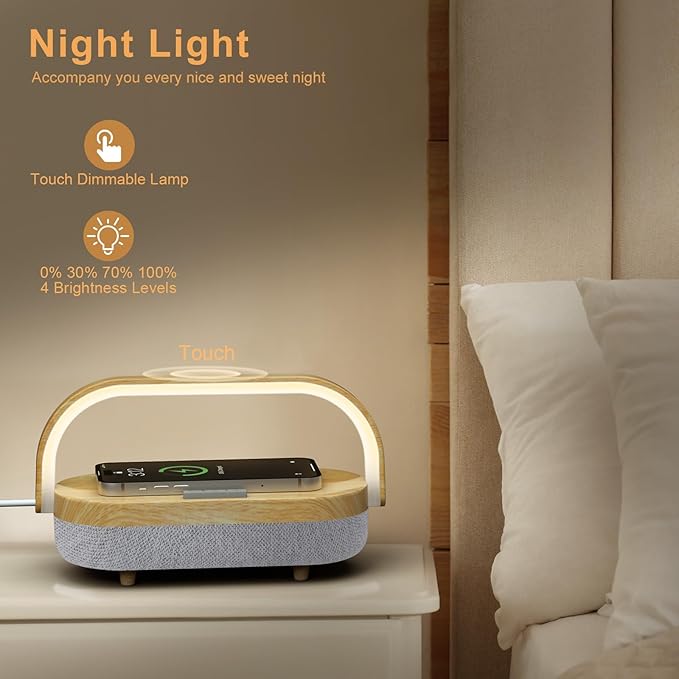 Lámpara de mesita de noche con cargador inalámbrico, táctil 4 en 1, con altavoz Bluetooth - Imagen 6