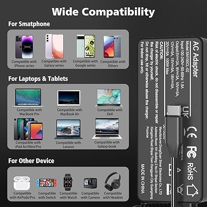 Cargador USB C para laptop, USB C de 100 W, repuesto de carga rápida para cargador de portátil - Imagen 4