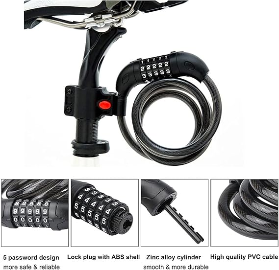 Candado para bicicleta, combinación combinada reiniciable de seguridad en espiral - Imagen 4