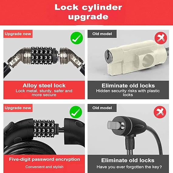Candado para bicicleta, combinación combinada reiniciable de seguridad en espiral - Imagen 6