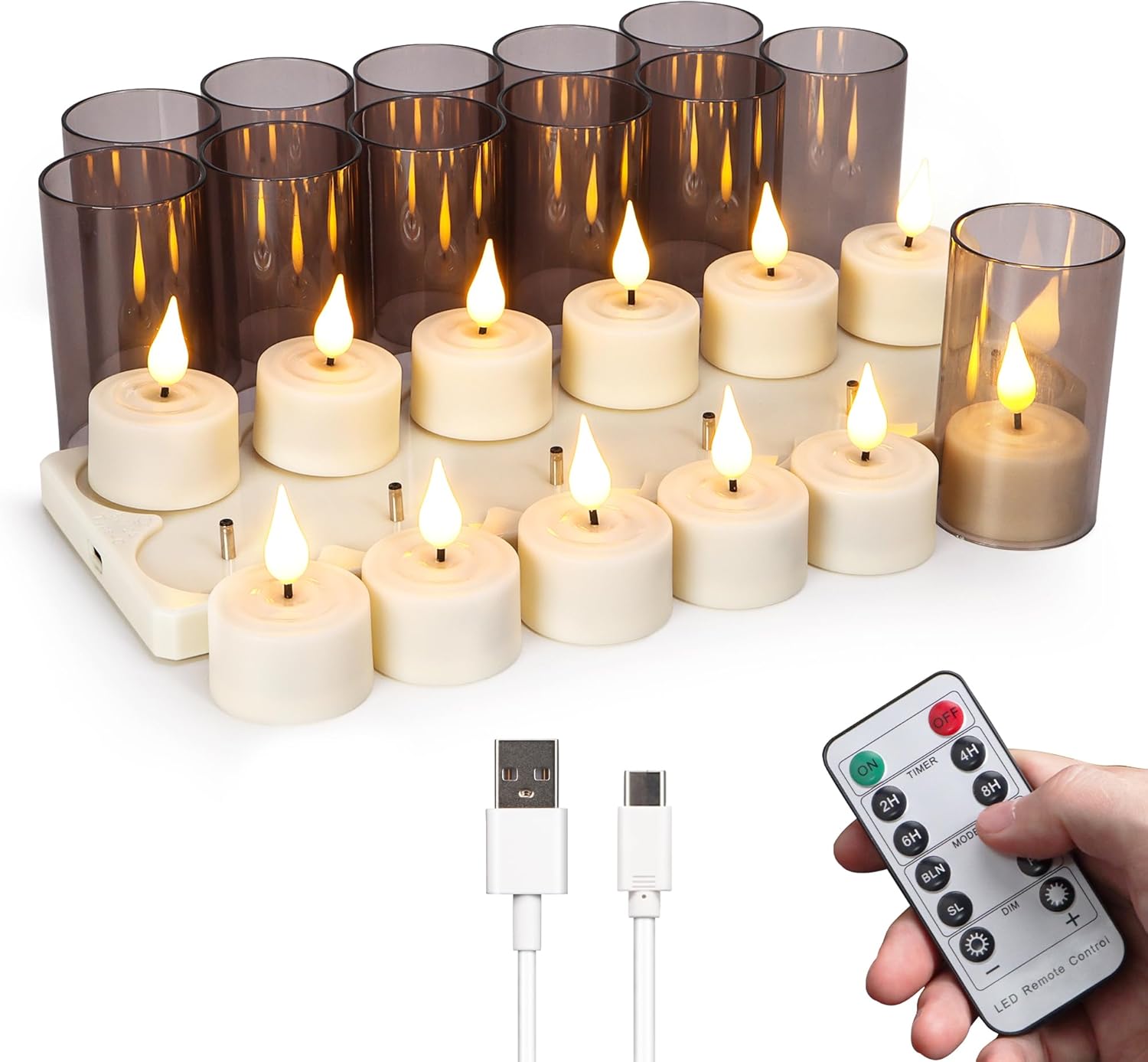 Velas de té sin llama recargables con control remoto y temporizador y base de carga, 12 velas LED - Imagen 7