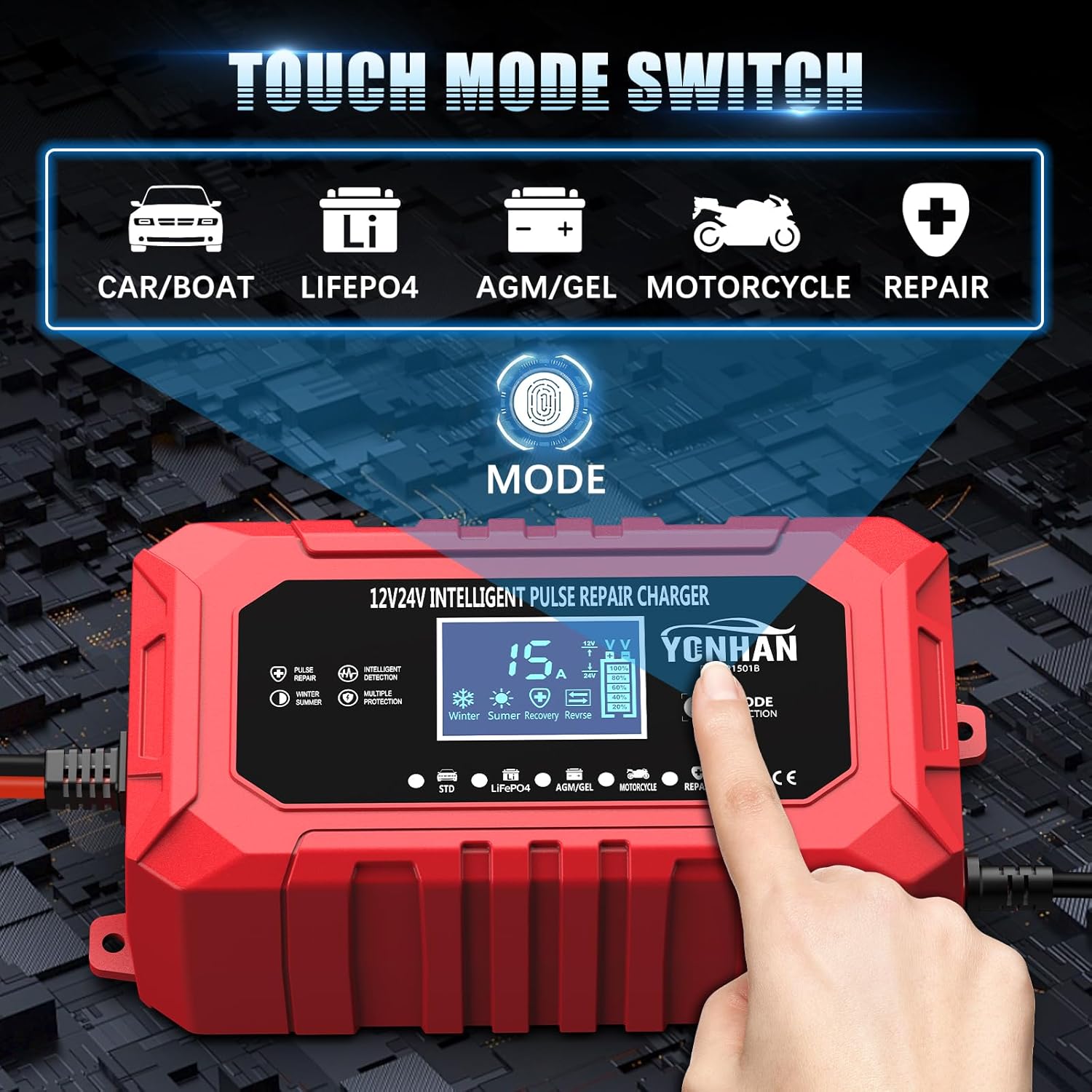 YONHAN Cargador de batería de 15 A, cargador de batería de coche de 12 V/24 V LiFePO4 y plomo ácido - Imagen 4