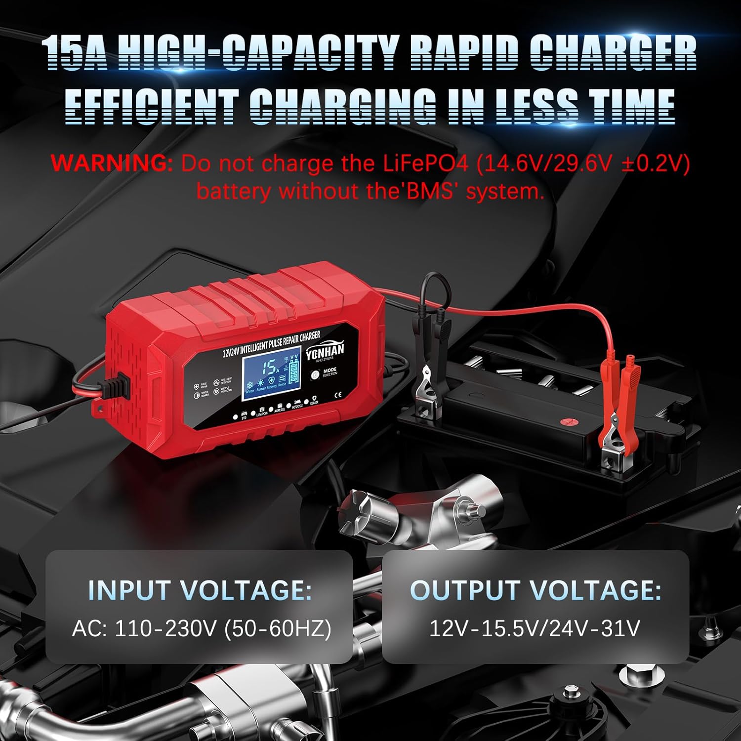 YONHAN Cargador de batería de 15 A, cargador de batería de coche de 12 V/24 V LiFePO4 y plomo ácido - Imagen 5