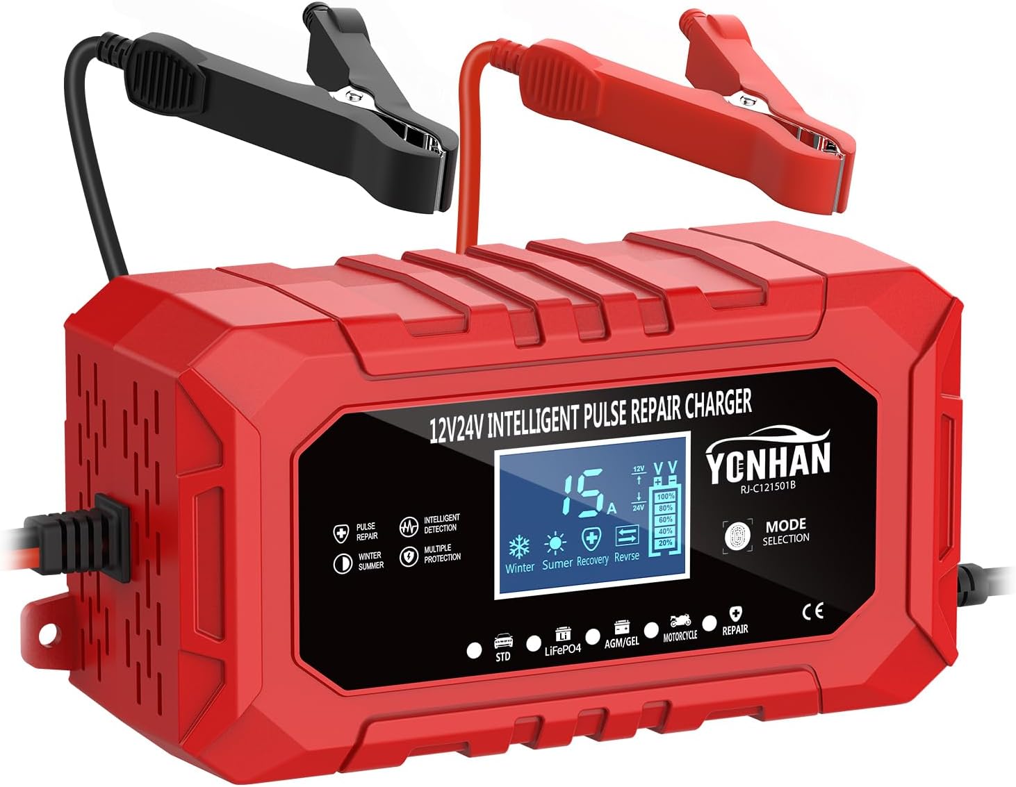 YONHAN Cargador de batería de 15 A, cargador de batería de coche de 12 V/24 V LiFePO4 y plomo ácido - Imagen 7
