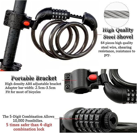 Candado para bicicleta, combinación combinada reiniciable de seguridad en espiral - Imagen 3