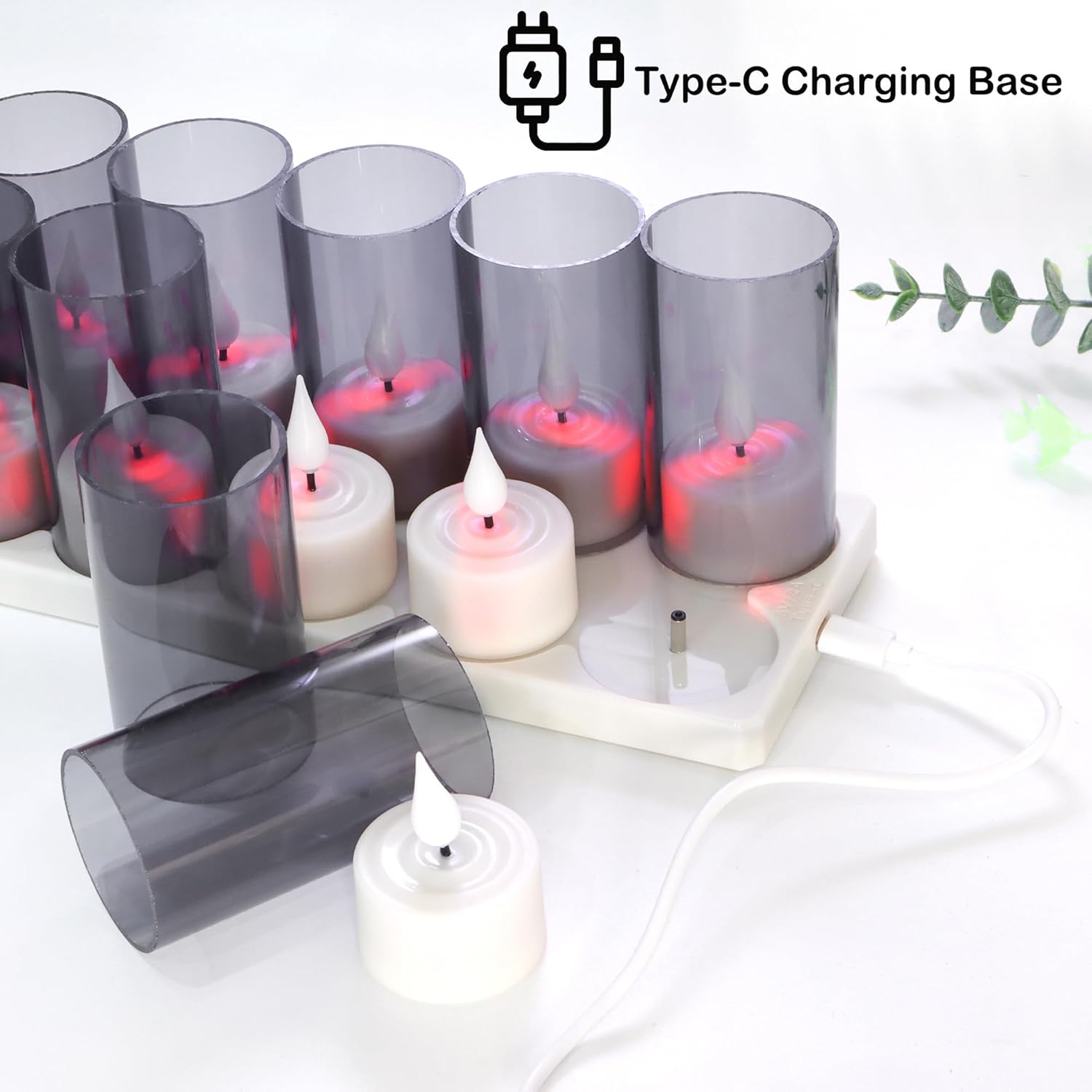 Velas de té sin llama recargables con control remoto y temporizador y base de carga, 12 velas LED - Imagen 4