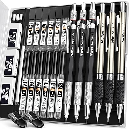 Nicpro Juego de 6 lápices mecánicos artísticos, 3 lápices de dibujo de metal de 0.020 in, 0.028 in - Imagen 7