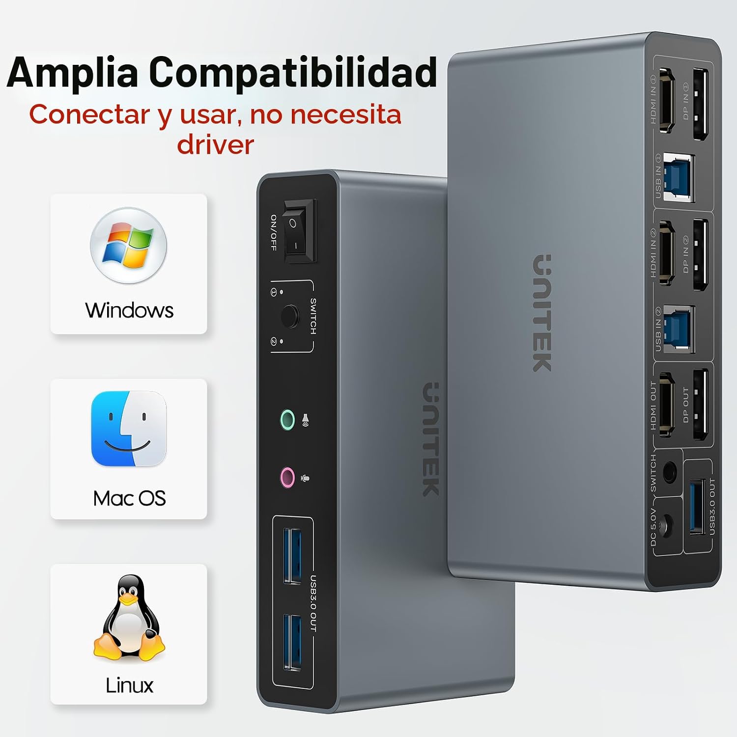 Interruptor KVM de Unitek 2 Monitores 2 Computadoras 4K@60Hz HDMI+Displayport Interruptores KVM. - Imagen 4
