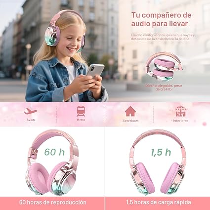 Auriculares Bluetooth para niños, tiempo de reproducción de 60 horas, límite de volumen seguro - Imagen 4