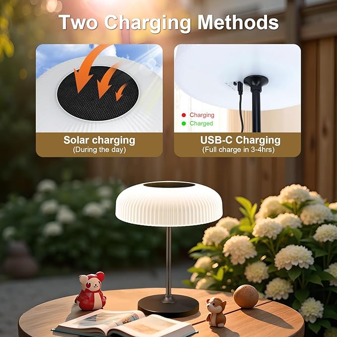 Lámpara de mesa solar para exteriores, con batería, LED, inalámbrica USB-C, regulable - Imagen 3