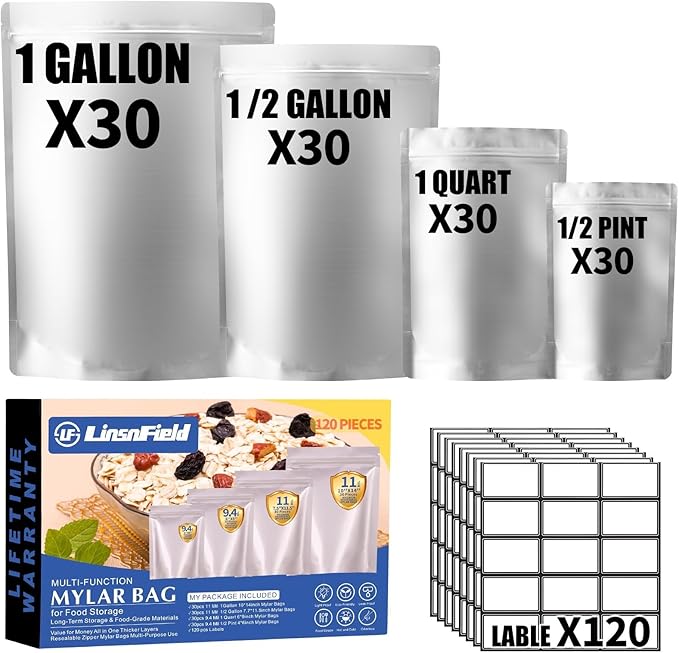 Paquete de 120 bolsas de Mylar de polietileno, 4 bolsas de varios tamaños (11 mil), 120 etiquetas