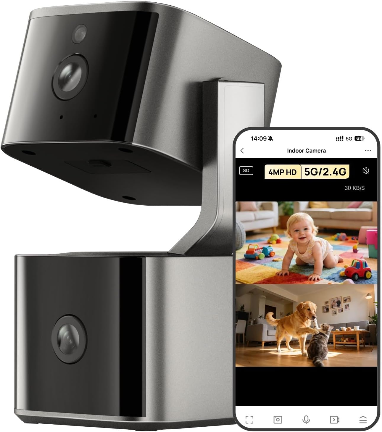 Cámara de seguridad de doble lente para interiores 5G/2.4G WiFi, inteligente para mascotas 2K+2K - Imagen 7