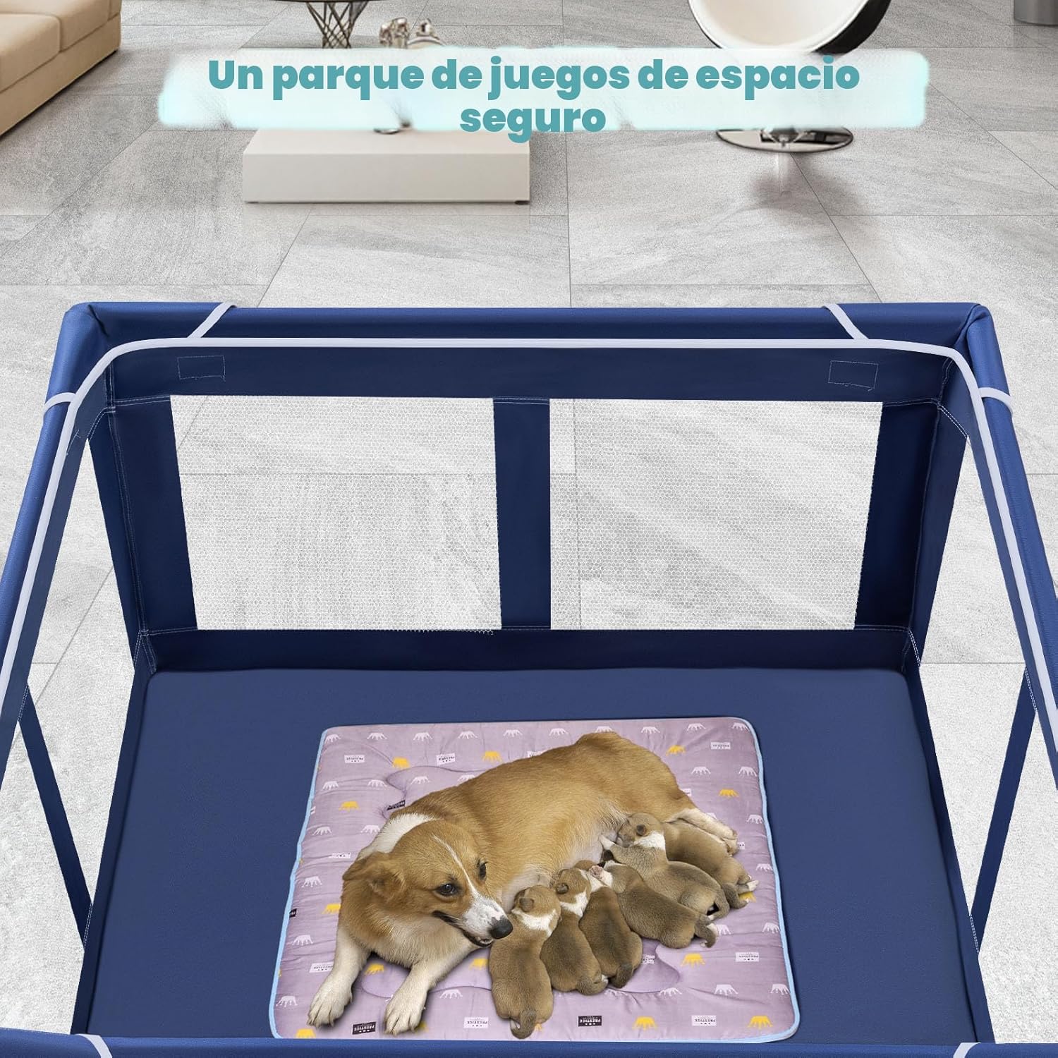 Corralito para cachorros de 42 x 42 pulgadas con cubierta, cerca para mascotas - Imagen 4