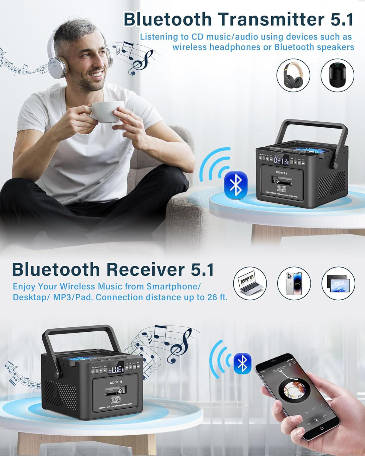 Boombox Reproductor de CD y Casete Bluetooth5.1 con batería de 5000 mAh, altavoces estéreo duales. - Imagen 5