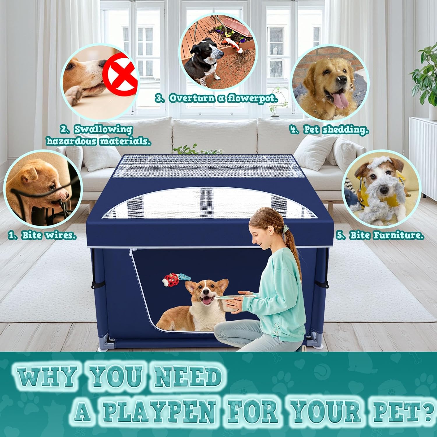 Corralito para cachorros de 42 x 42 pulgadas con cubierta, cerca para mascotas - Imagen 6
