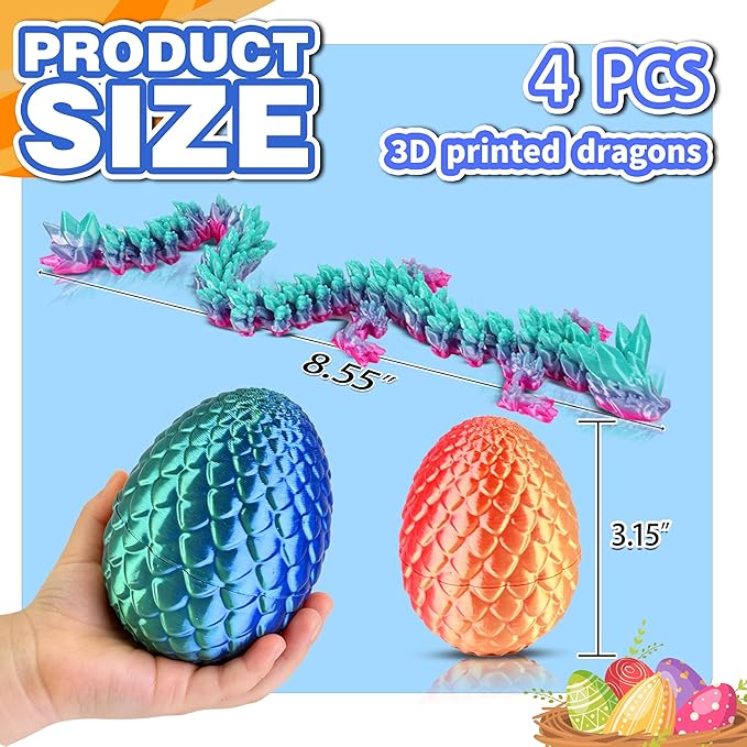 Dragon Eggs, Flexible Fidget Toys, 3D Printed Animals Set, (4 Pack) - Imagen 5