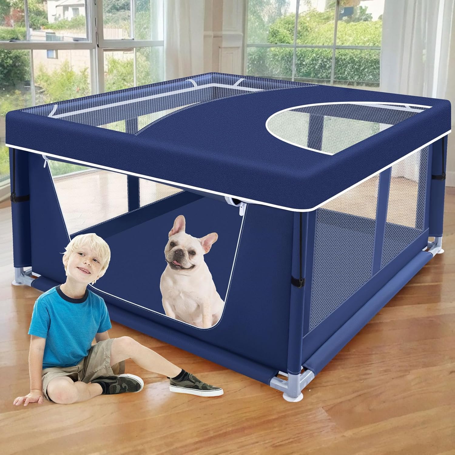 Corralito para cachorros de 42 x 42 pulgadas con cubierta, cerca para mascotas - Imagen 7